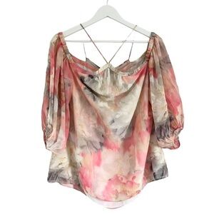 White House Black Market Watercolor Print Cold Shoulder Blouse Pink White Medium